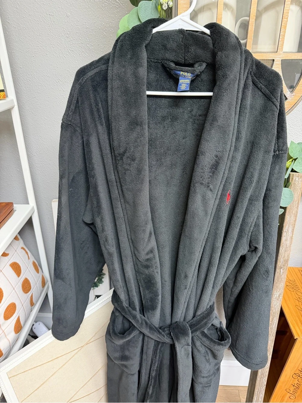 Polo by Ralph Lauren Black Plush Sleepwear Robe with Yellow Tag